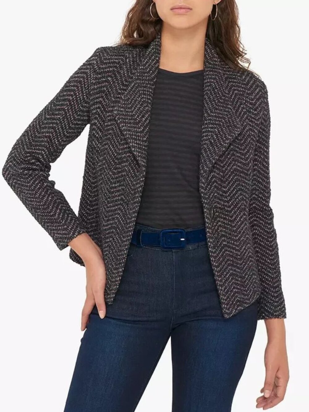 Gerard Darel Paris Women's Blazer Jacket 46 Gray Chevron Tweed Open Front Career